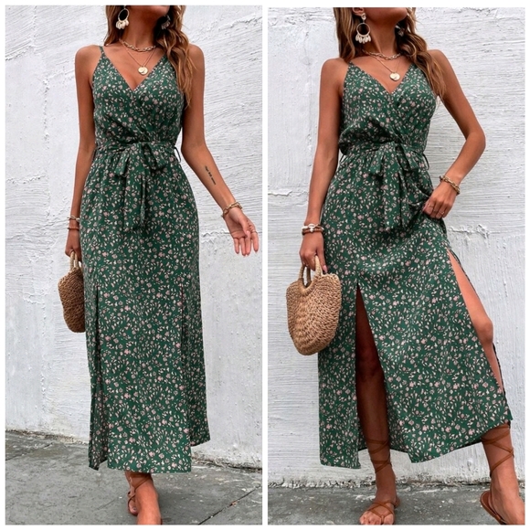 Boutique Dresses & Skirts - * New Boho Double Split Cami Dress Maxi Floral Dark Green